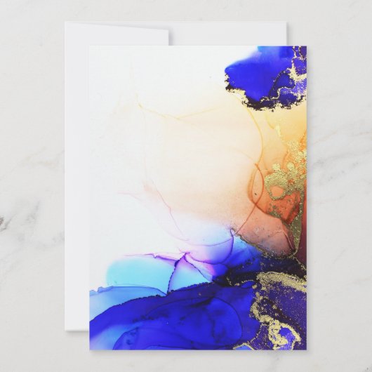 Moderne Blauwe Gouden Oranje Bruiloft Kaart (Achterkant)