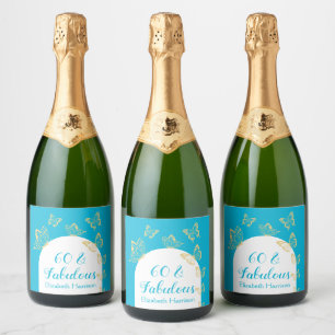 Moderne Blauwe Gouden Vlinders Fabulous Verjaardag Sparkling Wijnetiket