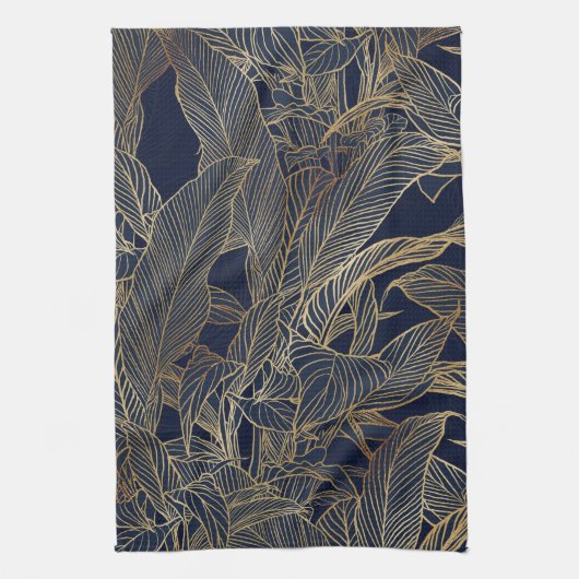 Moderne blauwe goudvulling Plant botanisch ontwerp Theedoek (Verticaal)