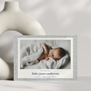 Moderne Blauwe Grijze Linnen Textuur Baby Foto Geb Aankondiging