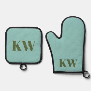 Moderne Blauwe Groene Monogram Beginletters Gepers Ovenwant & Pannenlap Set