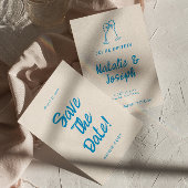 Moderne blauwe hand getekend heldere retro eigenzi save the date