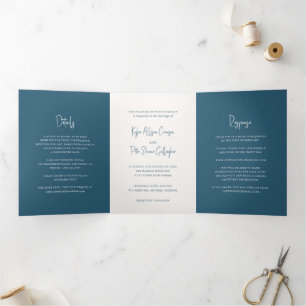 Moderne Blauwe Handgeschreven Script Elegante Trou Drieluik Uitnodiging
