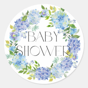 Moderne Blauwe Hortensia Krans Baby Shower Ronde Sticker