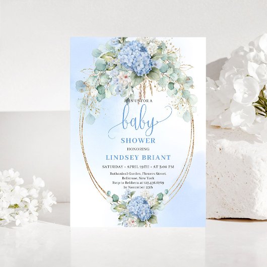 Moderne blauwe Hydrangea babyshower uitnodiging