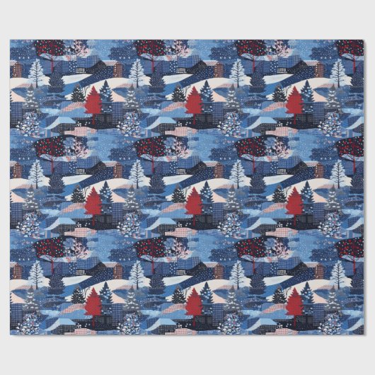 Moderne blauwe kerstbomen patchwork cadeaupapier (Vlak)