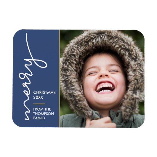 Moderne blauwe kerstkaart voor Merry-kerstscript Magneet (Horizontaal)