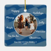 Moderne Blauwe Kerstwens Familie Foto Keepomwille Keramisch Ornament (Achterkant)