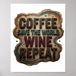 Moderne Blauwe KOFFIE RED DE WERELD WIJN HERHALEN Poster