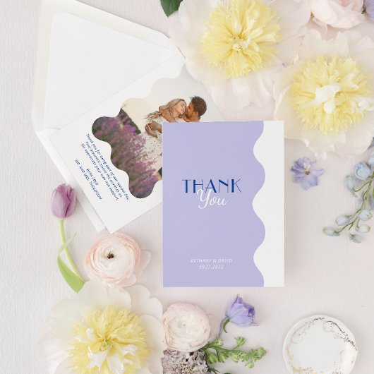 Moderne blauwe lavendel golf rand foto bruiloft bedankkaart