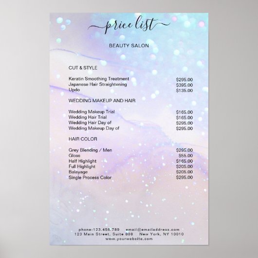 Moderne blauwe marmer Glitter Salon Prijslijst Poster (Voorkant)