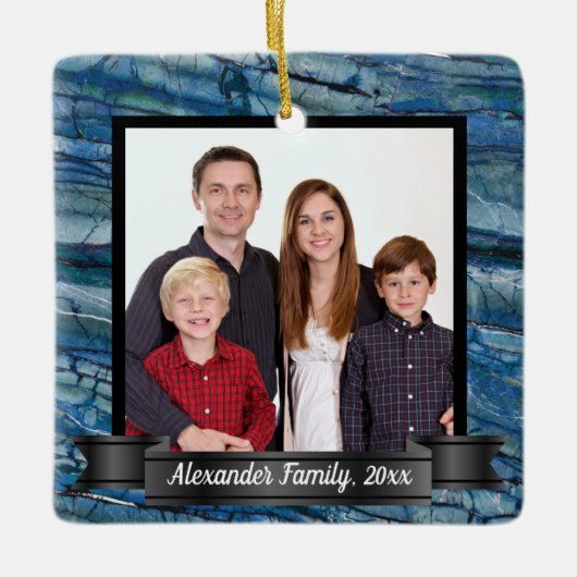 Moderne Blauwe Marmeren Aangepaste Foto Keramisch Ornament (Voorkant)