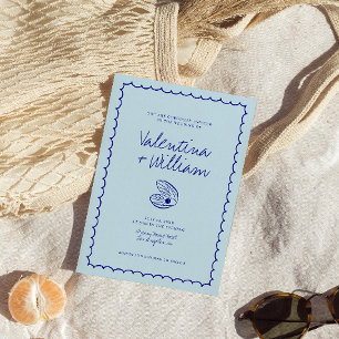 Moderne Blauwe Mediterrane Shell bruiloft uitnodig Kaart