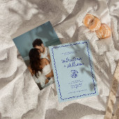 Moderne Blauwe Mediterrane Shell bruiloft uitnodig Kaart