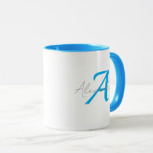Moderne blauwe monogram & geschreven naam geperson mok (Voorkant rechts)