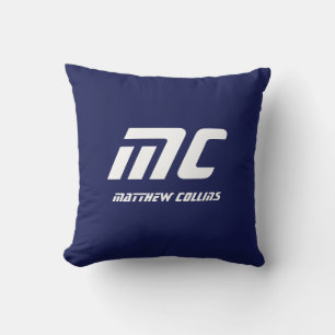 Moderne Blauwe Monogram Minimalistische Naam Witte Kussen