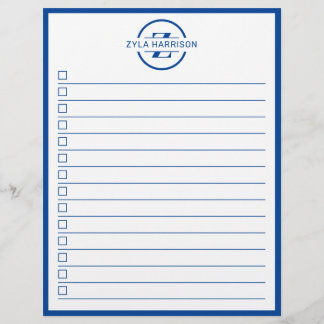 Moderne blauwe monogram naam takenlijst flyer