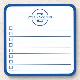 Moderne blauwe monogram naam takenlijst whiteboard bier onderzetter