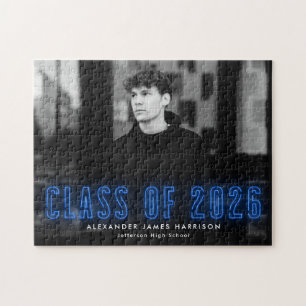 Moderne Blauwe Neon Klasse van 2025 Afstuderen Fot Legpuzzel