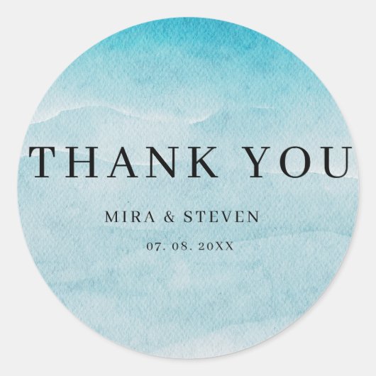 Moderne blauwe oceaan Waterverf bruiloft dank u Ronde Sticker (Voorkant)
