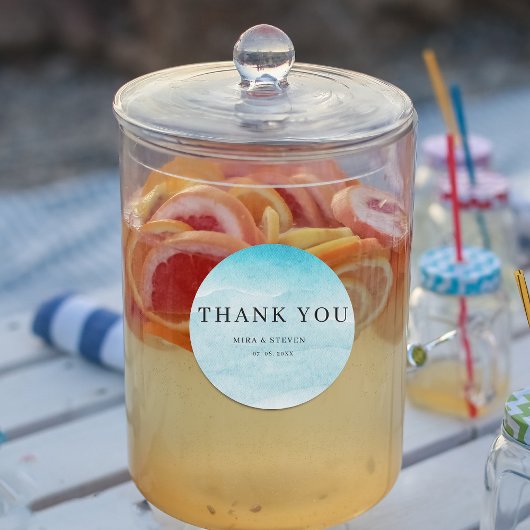 Moderne blauwe oceaan Waterverf bruiloft dank u Ronde Sticker