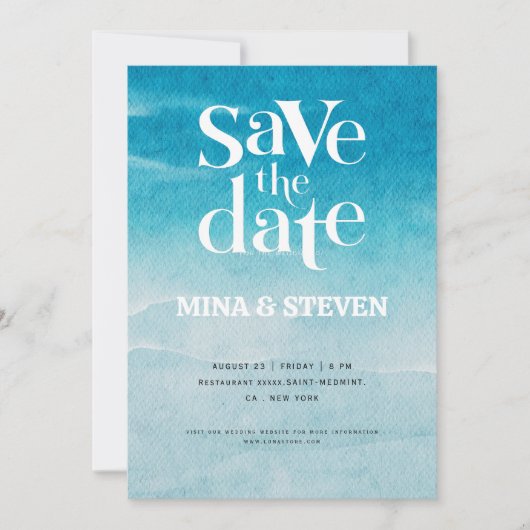 Moderne blauwe oceaan waterverf bruiloft  save the date (Voorkant)