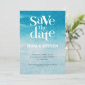Moderne blauwe oceaan waterverf bruiloft  save the date (Staand voorkant)