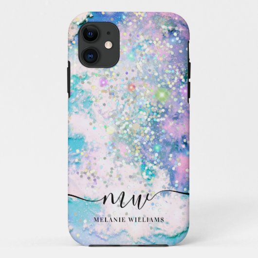 Moderne blauwe paarse glinsterende chic monogram Case-Mate iPhone case (Achterkant)