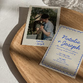 Moderne Blauwe Retro Leuke Grappige Foto Bruiloft Kaart