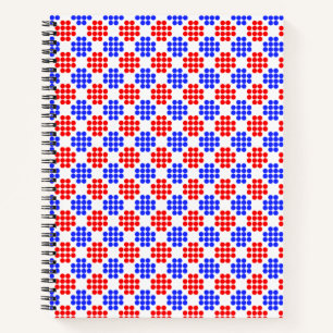 Moderne blauwe rode gestippelde diamanten op wit notitieboek