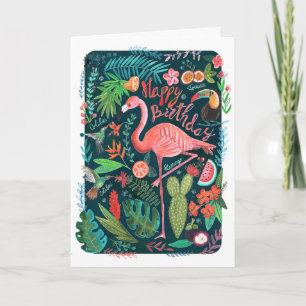 Moderne Blauwe & Roze Flamingo geschilderde Verjaa Kaart