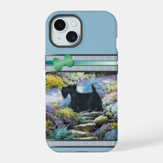 Moderne Blauwe Schotse Terriër Hondenkunst iPhone 15 Hoesje (Achterkant)