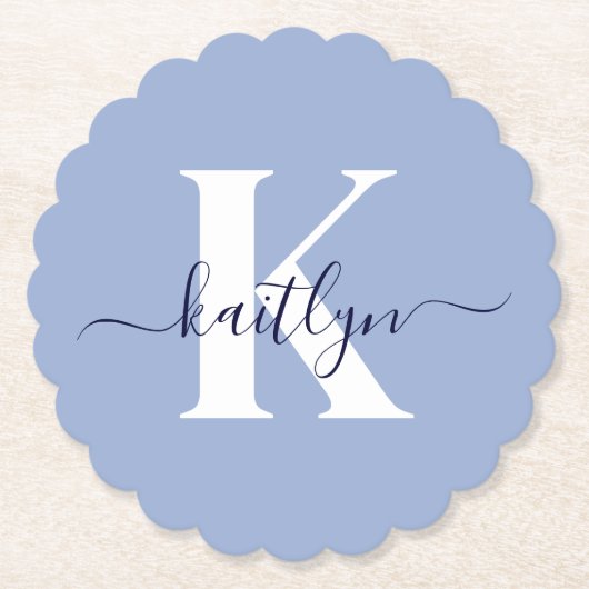 Moderne Blauwe Script Monogram Kartonnen Onderzetters (Voorkant)