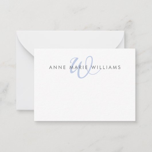 Moderne Blauwe Script Monogram Notitiekaartje (Voorkant)