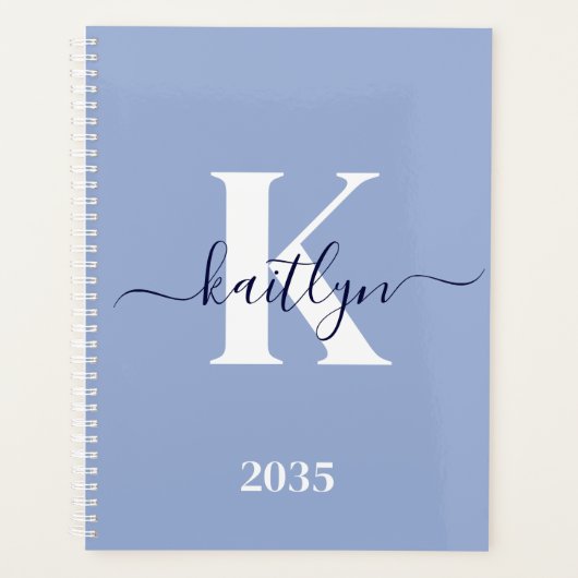 Moderne Blauwe Script Monogram Planner (Voorkant)