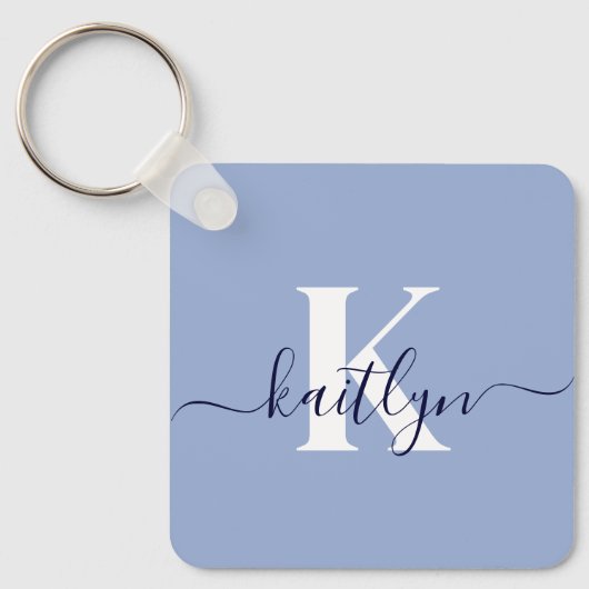 Moderne Blauwe Script Monogram Sleutelhanger (Voorkant)