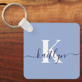 Moderne Blauwe Script Monogram Sleutelhanger (Voorkant)