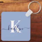 Moderne Blauwe Script Monogram Sleutelhanger (Achterkant)