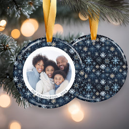 Moderne Blauwe Sneeuwvlokken Familie Kerstmis Foto Keramisch Ornament