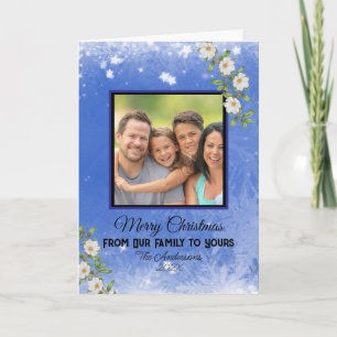 Moderne Blauwe Sneeuwvlokken Familiefoto Kerstmis Kaart