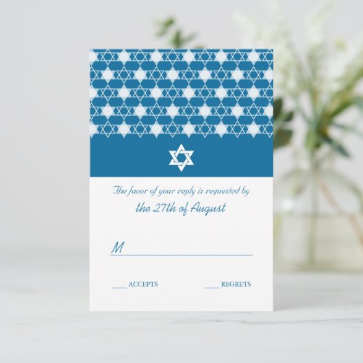 Moderne blauwe sterren van David Bar Mitzvah RSVP- RSVP Kaartje (Staand voorkant)