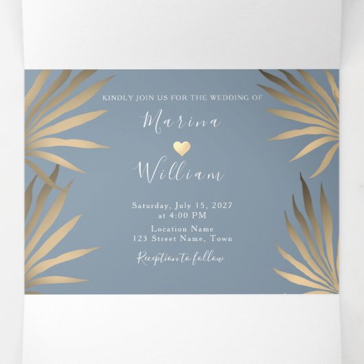 Moderne Blauwe Strand Bruiloft Drieluik Uitnodiging (Binnenkant midden)