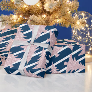 Moderne blauwe strepe Roos Gold kerstboom Cadeaupapier
