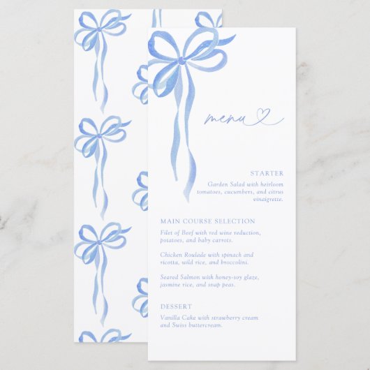 Moderne Blauwe Strik Watercolor Script Bruiloftsbo Menu (Voorkant / Achterkant)