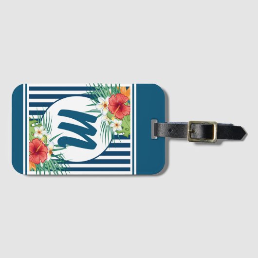 Moderne blauwe strips en bloemen monogram bagagelabel (Voorkant (horizontaal))