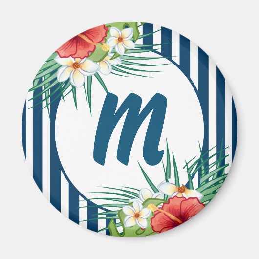 Moderne blauwe strips en bloemen monogram magneet (Voorkant)