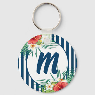 Moderne blauwe strips en bloemen monogram sleutelhanger
