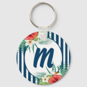 Moderne blauwe strips en bloemen monogram sleutelhanger (Achterkant)