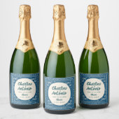 Moderne blauwe tekening handschrift retro bruiloft sparkling wijnetiket (Flessen)