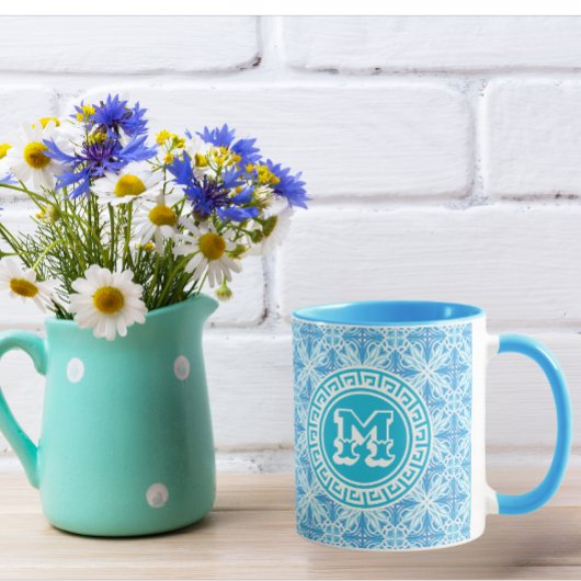 Moderne Blauwe Trellis Print Witte Tekst Mok